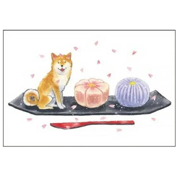 Carte de Vœux Shiba Inu & Flower Japanese Sweets