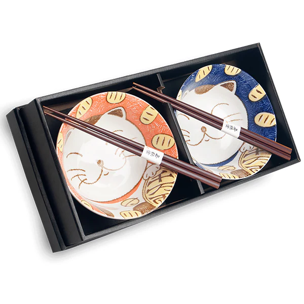 Coffret Cadeaux - 2 Bols Chat Maneki Neko + 2 Baguettes