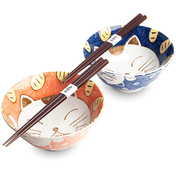 Coffret Cadeaux - 2 Bols Chat Maneki Neko + 2 Baguettes - Image 2