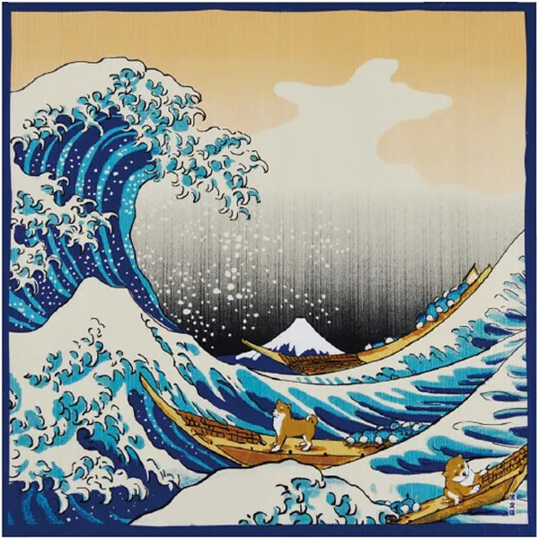 Furoshiki Kofu - Vague D'Hokusai & Shiba Mame, 50x50cm