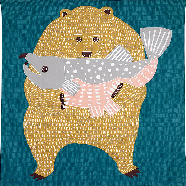 Furoshiki Ours & Saumon - Bleu, 104x104cm