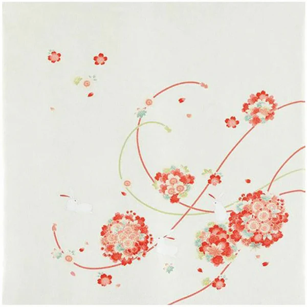 Furoshiki Rabbits With Flower Balls Cream - Chirimen, 68x68cm - Image 2