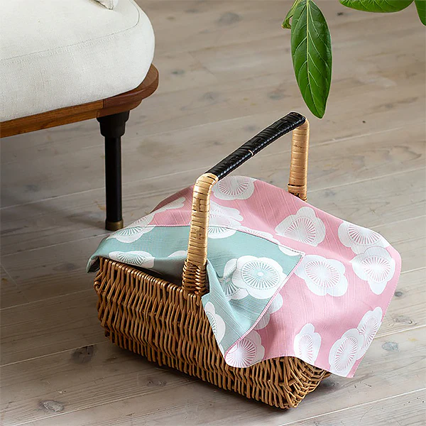 Furoshiki Réversible - Abricotier Rose & Bleu Clair, 48x48cm