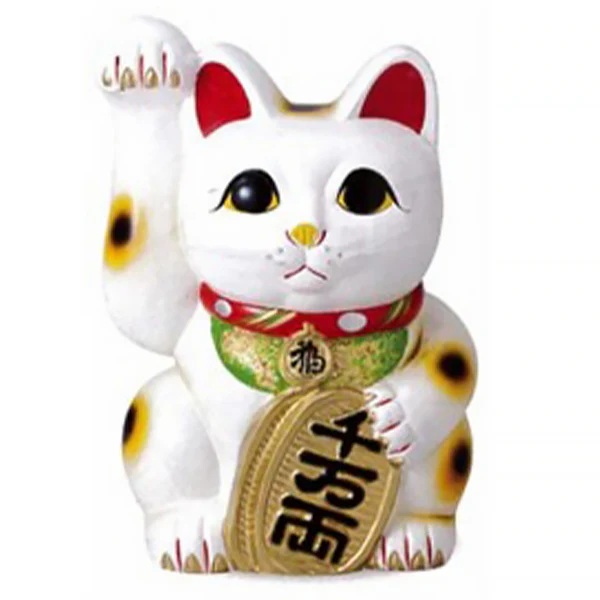 Maneki Neko Blanc avec Koban - Patte Droite Levée, XL